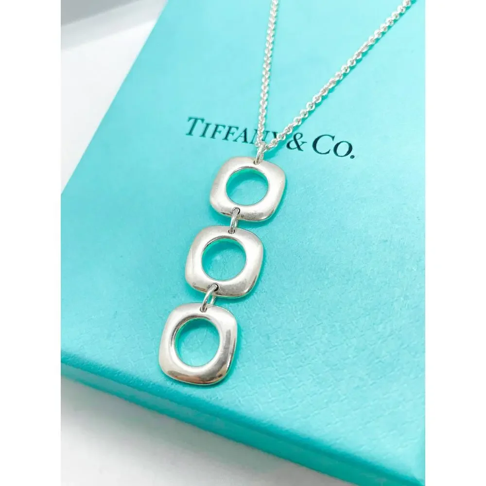 Tiffany & Co. Sterling Silver Triple Cushion Drop Pendant Necklace 16